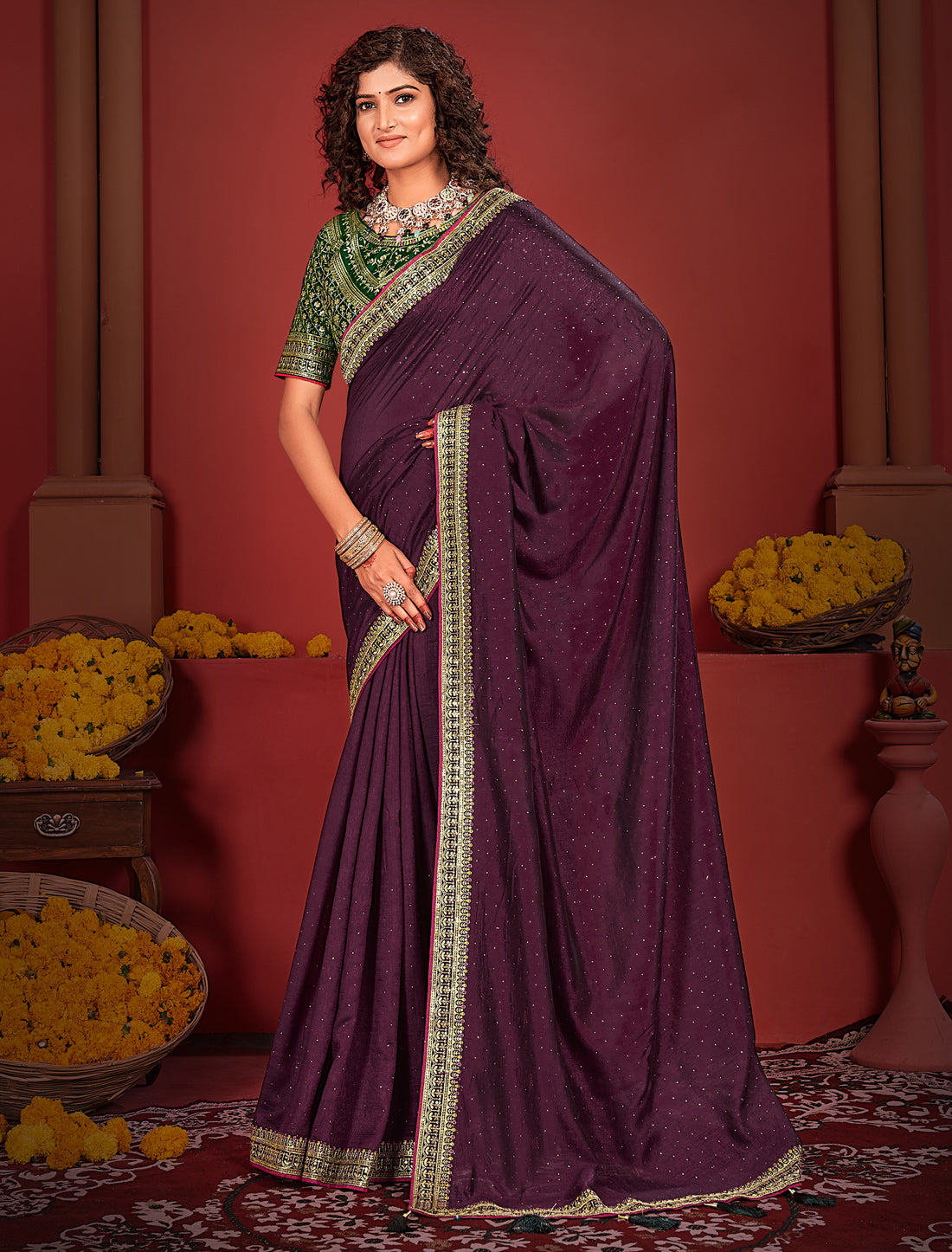 Ethnic Purple Vichitra Silk Saree With Green Heavy Work Blouse