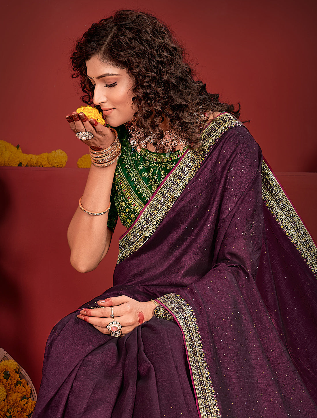 Ethnic Purple Vichitra Silk Saree With Green Heavy Work Blouse