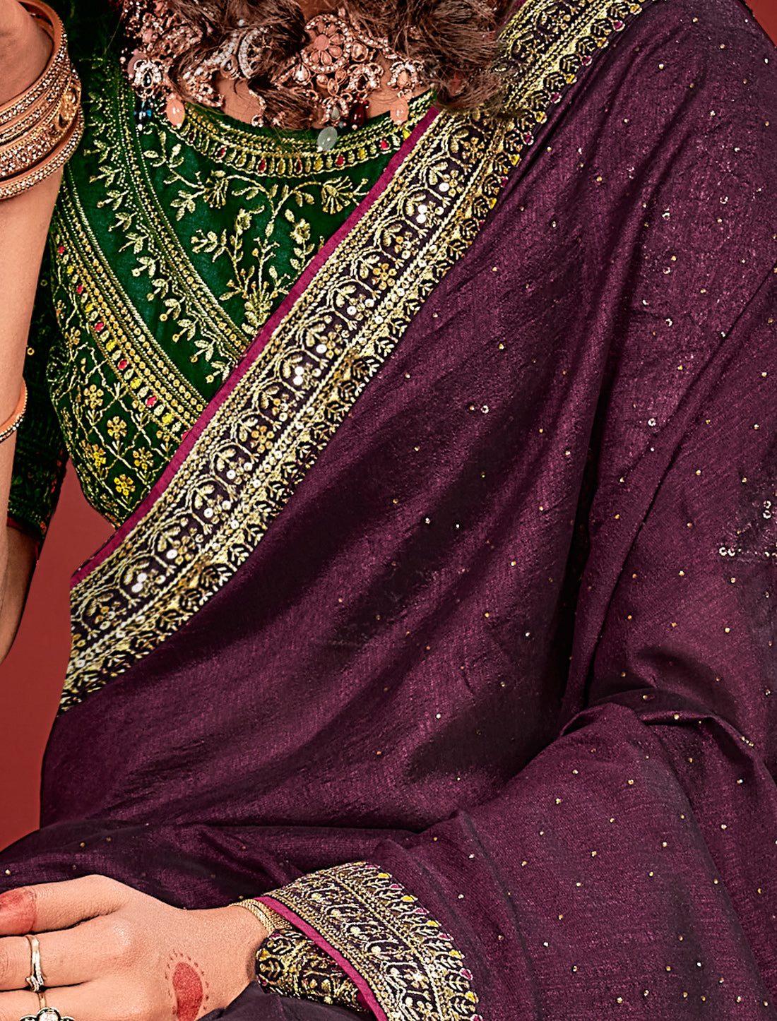 Ethnic Purple Vichitra Silk Saree With Green Heavy Work Blouse