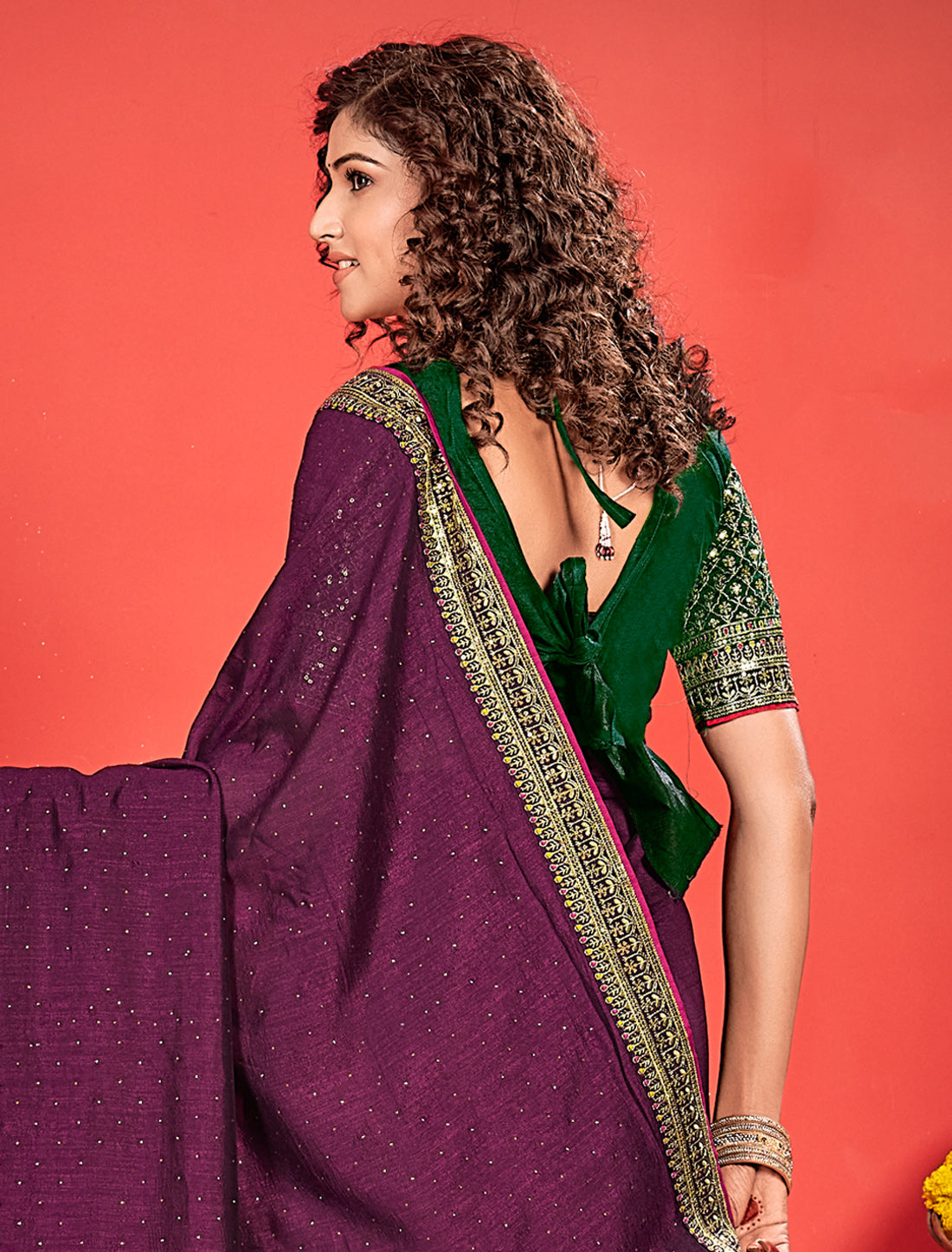 Ethnic Purple Vichitra Silk Saree With Green Heavy Work Blouse