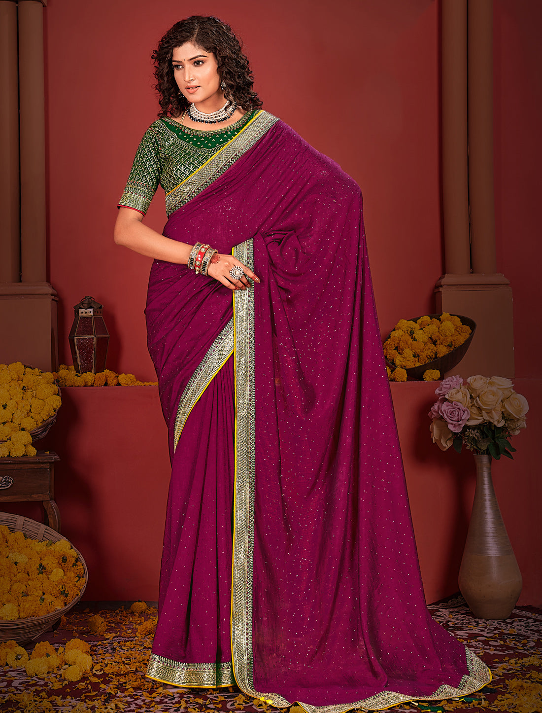 Wine Ethnic Designer Saree with Heavy Blouse Border For Women