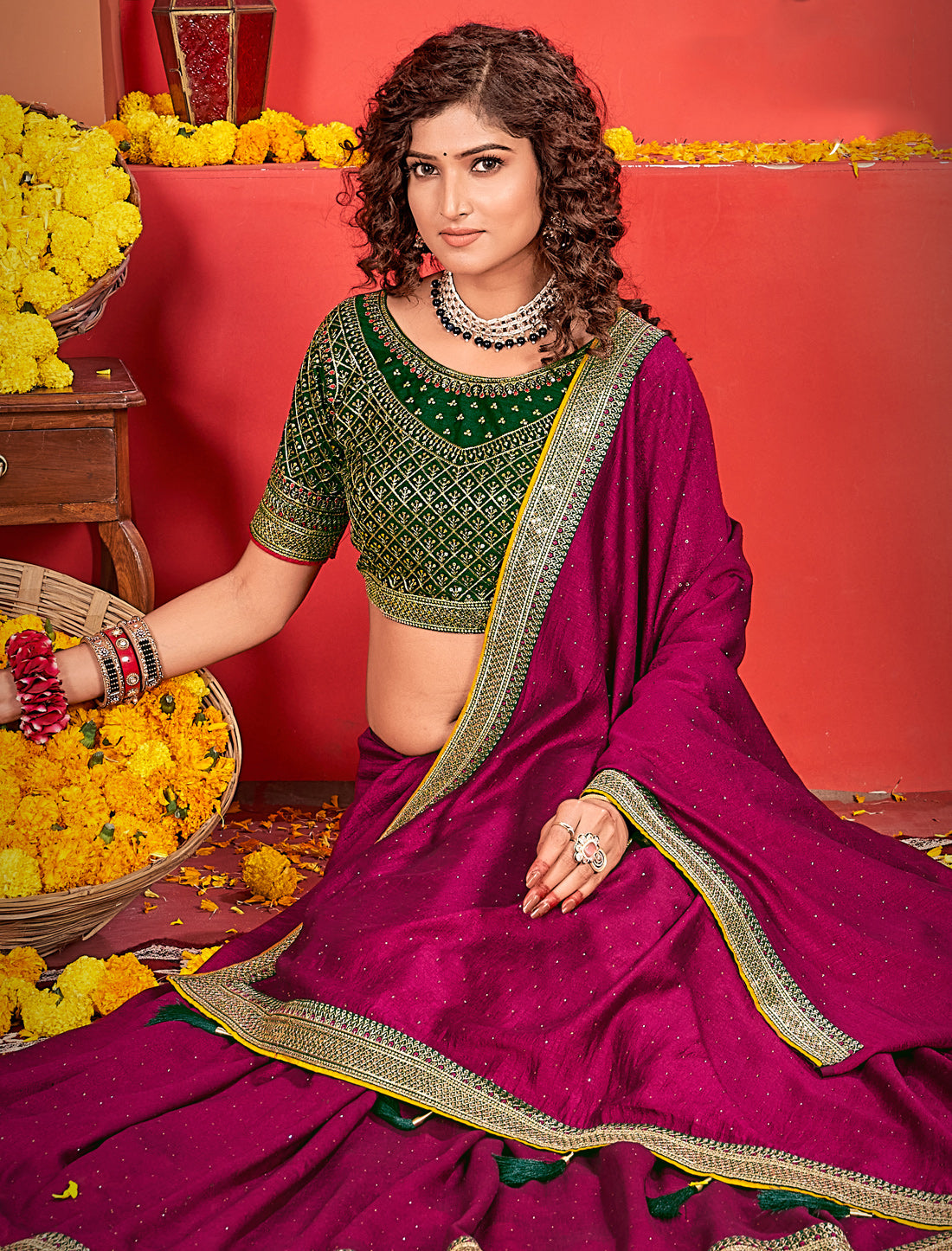 Wine Ethnic Designer Saree with Heavy Blouse Border For Women
