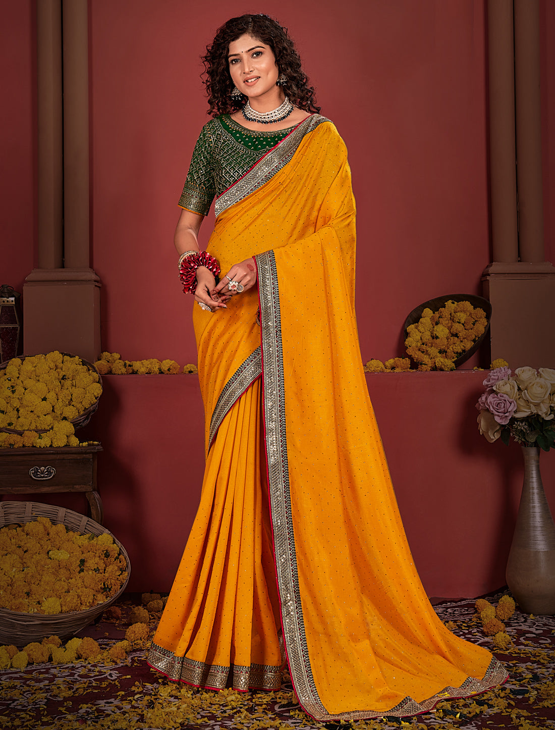 Orange Ethnic Women Vichitra Silk Saree With Work Blouse