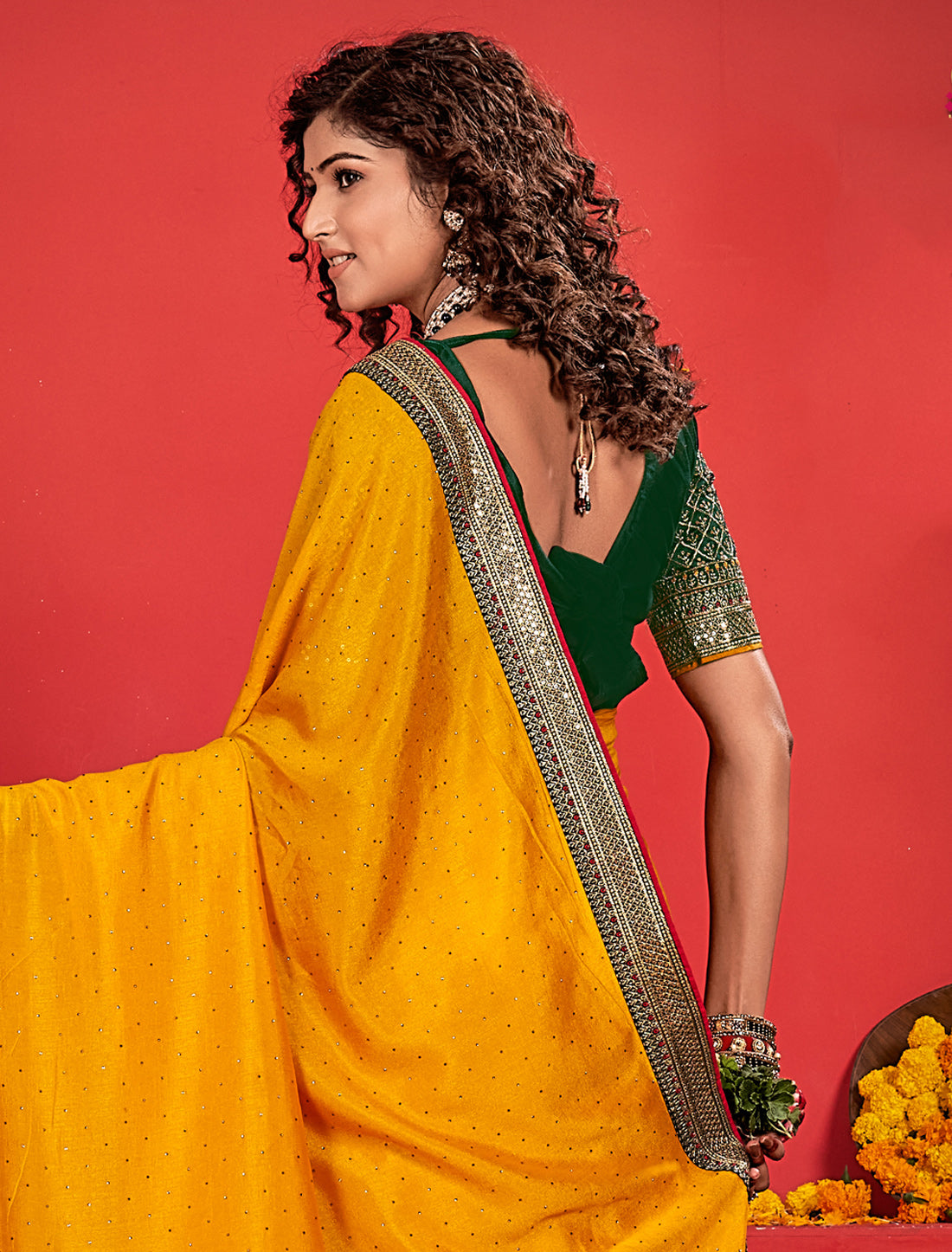 Orange Ethnic Women Vichitra Silk Saree With Work Blouse