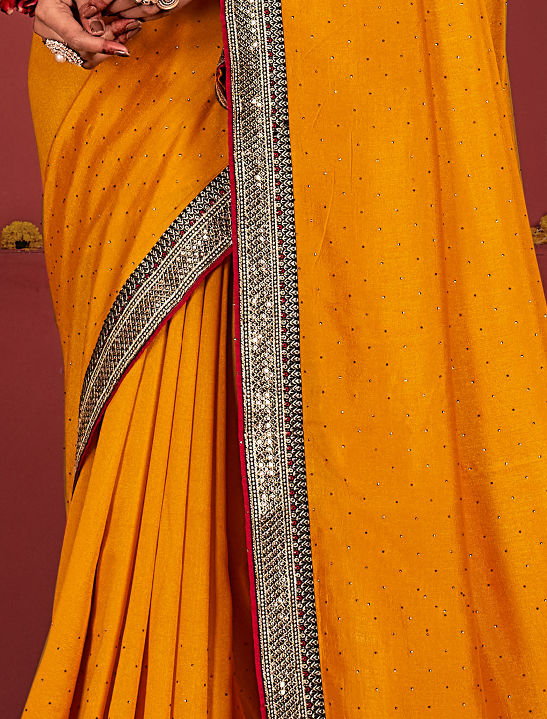 Orange Ethnic Women Vichitra Silk Saree With Work Blouse