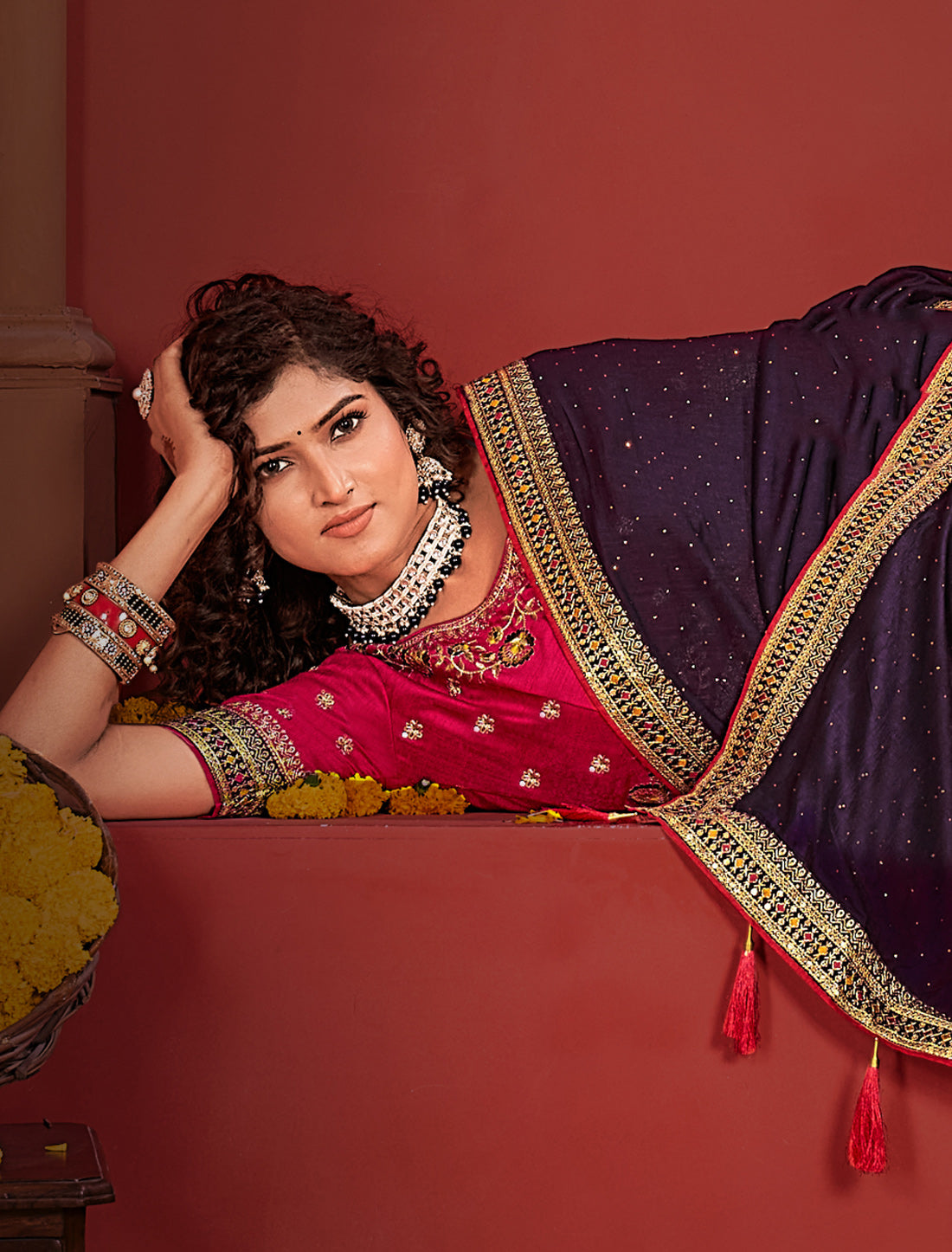Purple Ethnic Vichitra Silk Saree Red Heavy Work Blouse