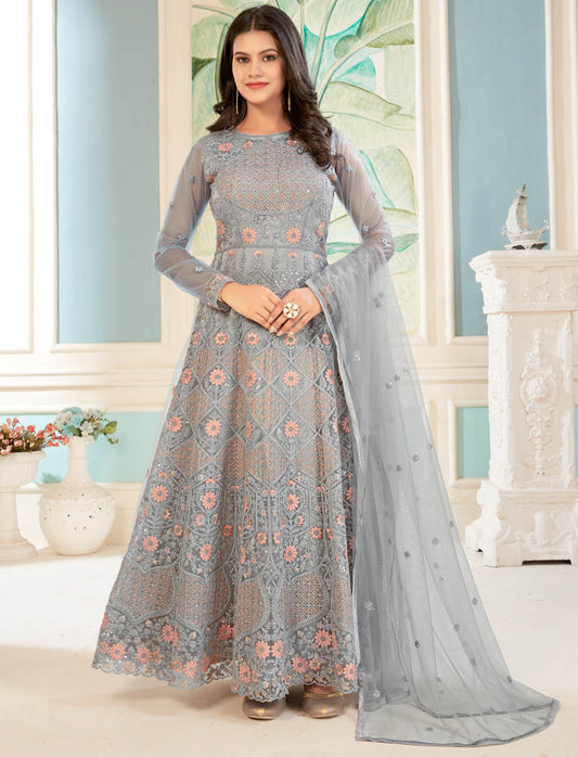 Grey Semi Stitched Designer Work Long Salwar Kameez For Women