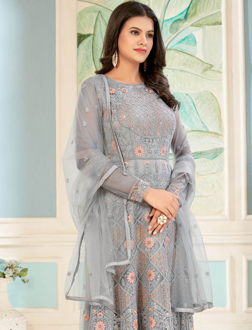 Grey Semi Stitched Designer Work Long Salwar Kameez For Women