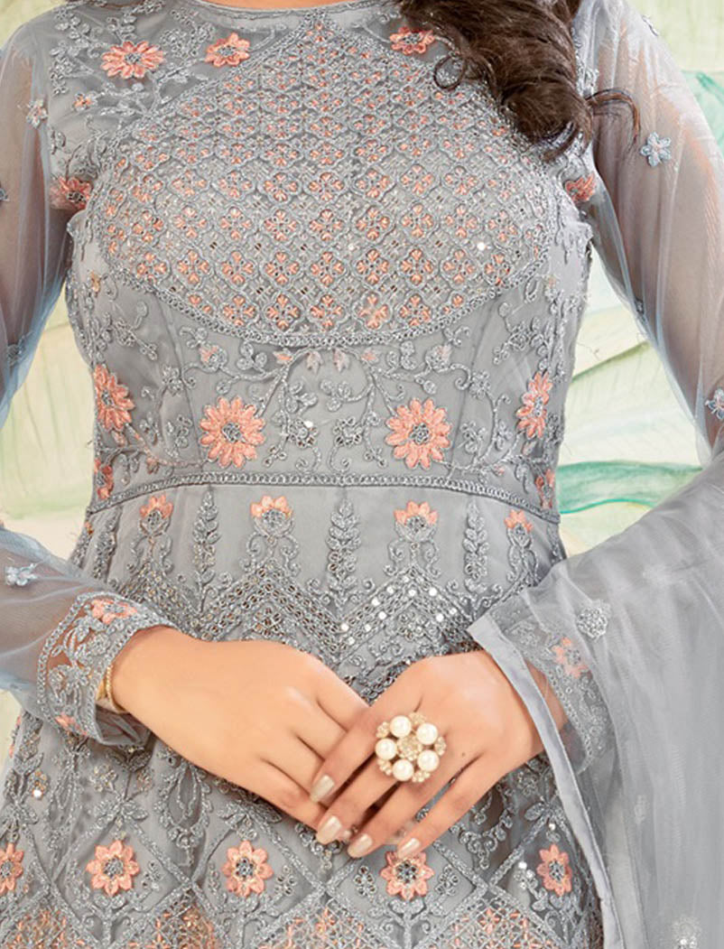 Grey Semi Stitched Designer Work Long Salwar Kameez For Women