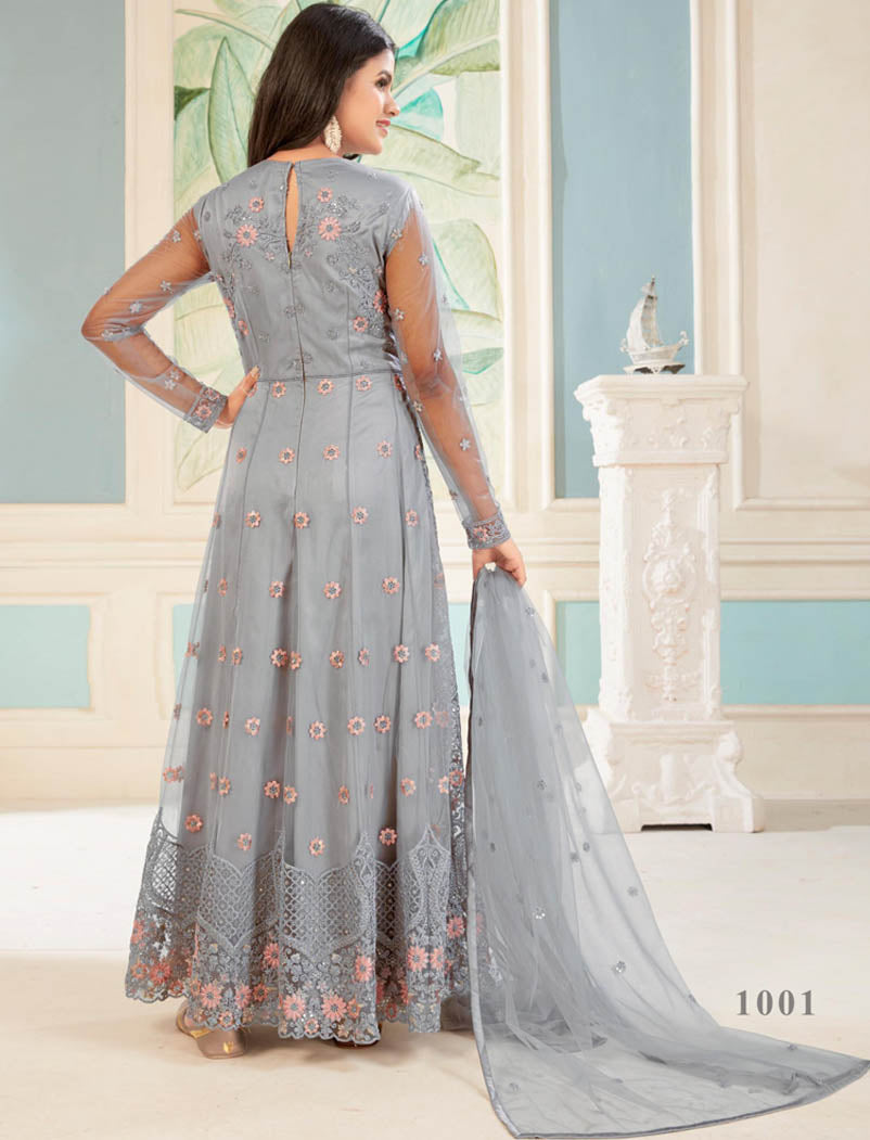 Grey Semi Stitched Designer Work Long Salwar Kameez For Women