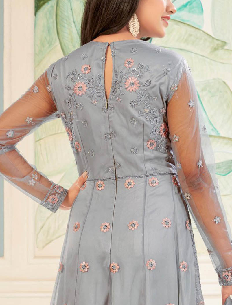 Grey Semi Stitched Designer Work Long Salwar Kameez For Women
