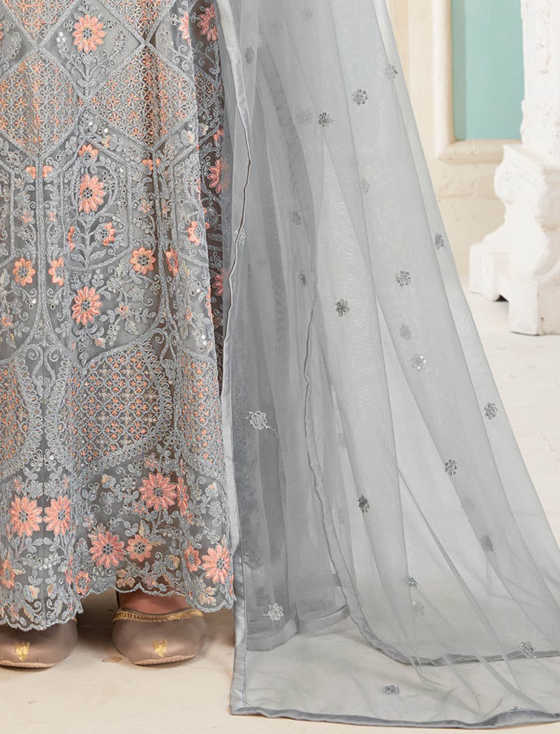 Grey Semi Stitched Designer Work Long Salwar Kameez For Women