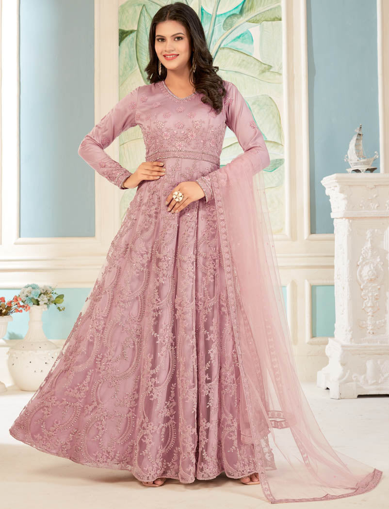 Light Pink Semi Stitched Designer Work Long Salwar Kameez For Women