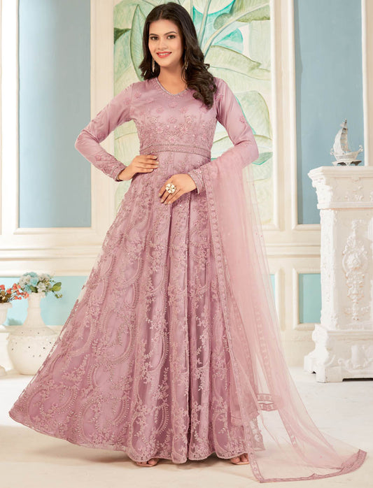 Light Pink Semi Stitched Designer Work Long Salwar Kameez For Women