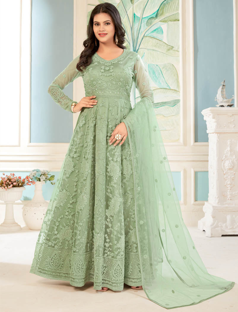 Light Green Semi Stitched Ethnic Long Salwar Kameez For Women