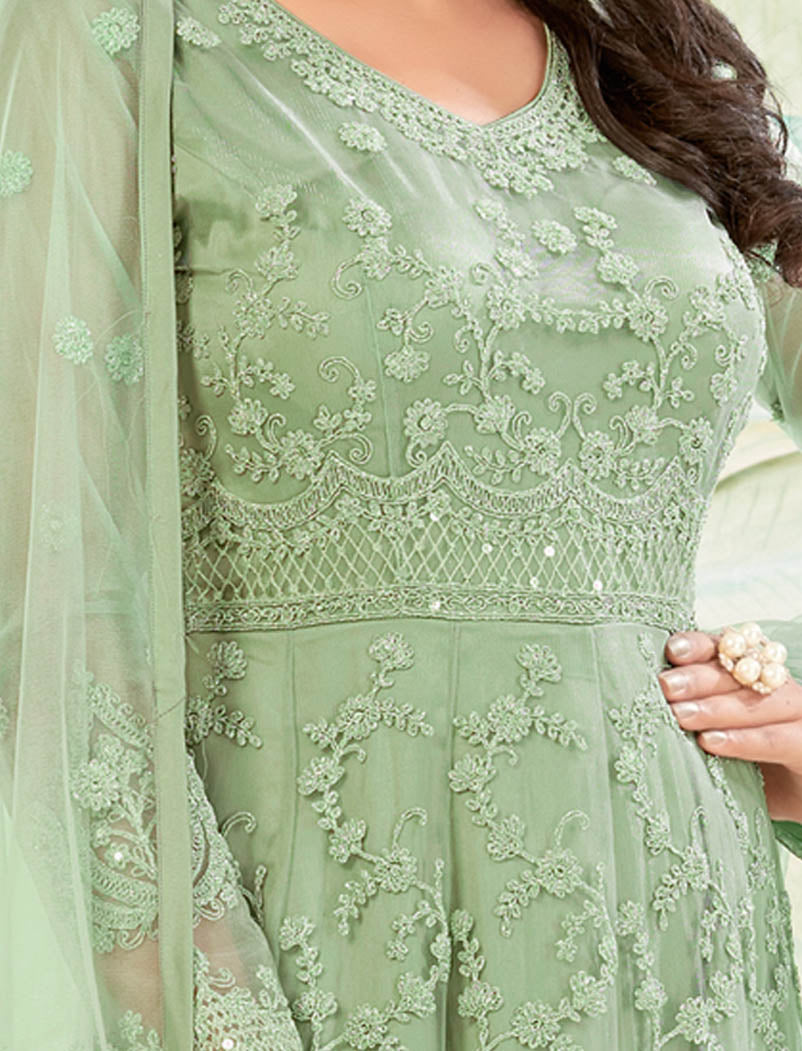 Light Green Semi Stitched Ethnic Long Salwar Kameez For Women