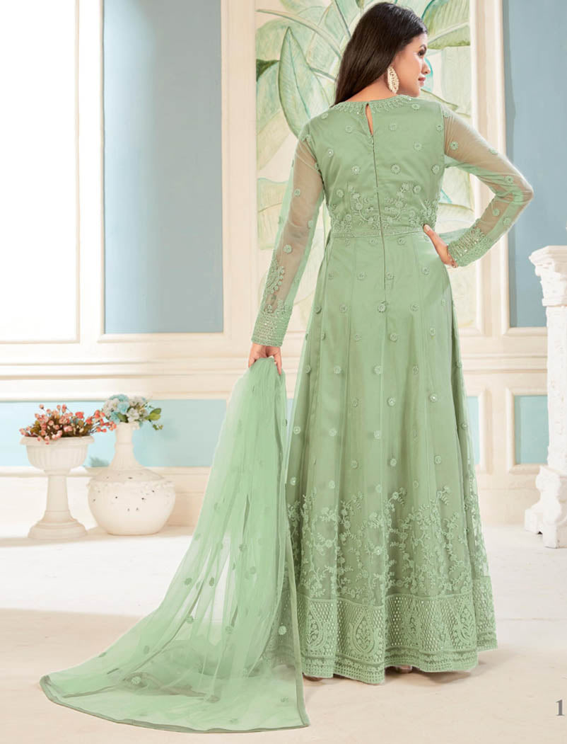 Light Green Semi Stitched Ethnic Long Salwar Kameez For Women