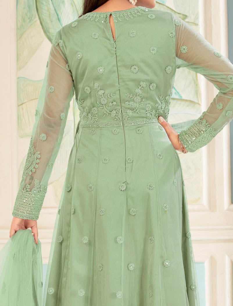 Light Green Semi Stitched Ethnic Long Salwar Kameez For Women