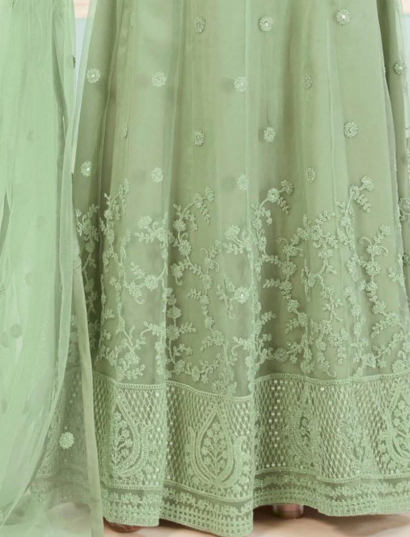 Butterfly Net Light Green SemiStitched Designer Work, Inner, Bottom, Top And Dupatta Long Salwar Kmeez