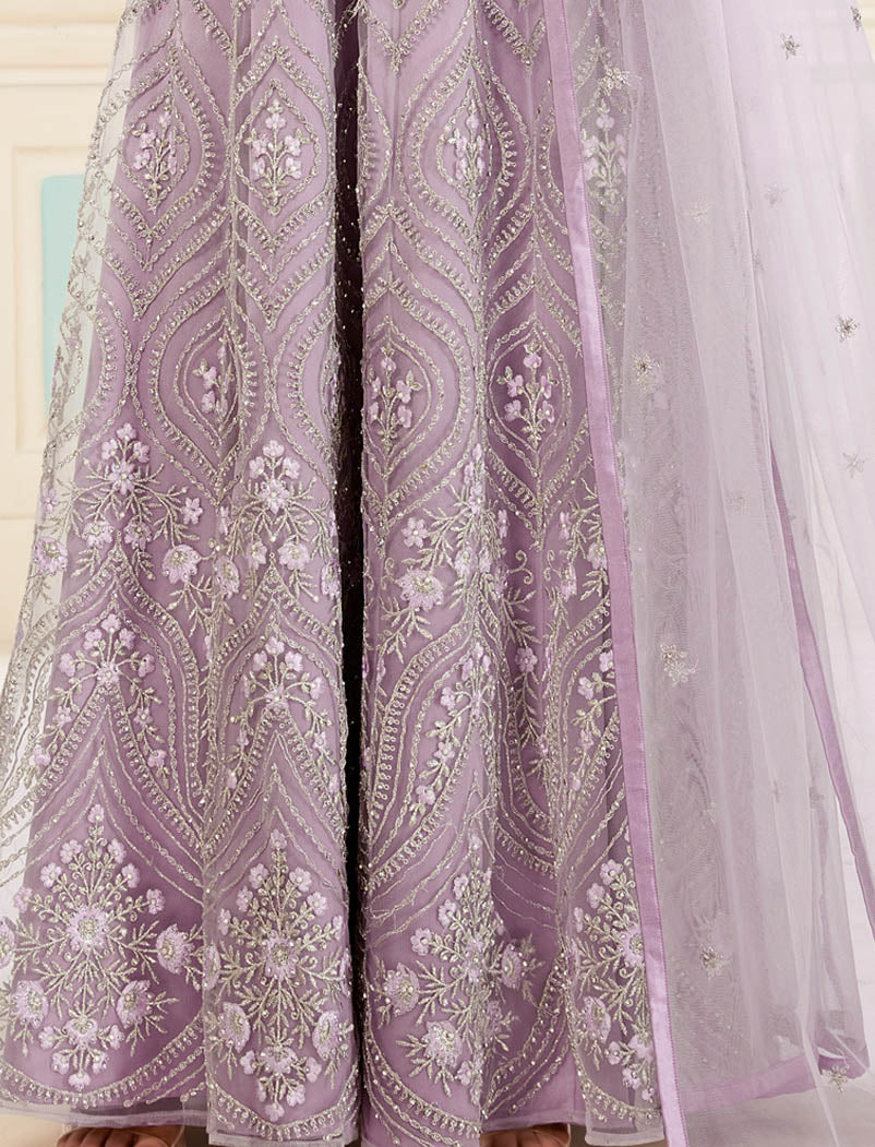 Butterfly Net Light Purple SemiStitched Designer Work, Inner, Bottom, Top And Dupatta Long Salwar Kmeez