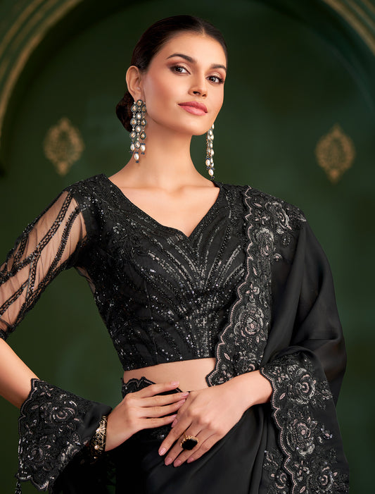 Jet Black Sartin Georgette Party Wear Designer Saree