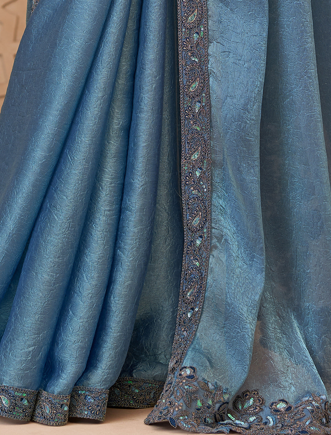 Steel Blue Metal Sartin Crush Georgette Party Wear Saree
