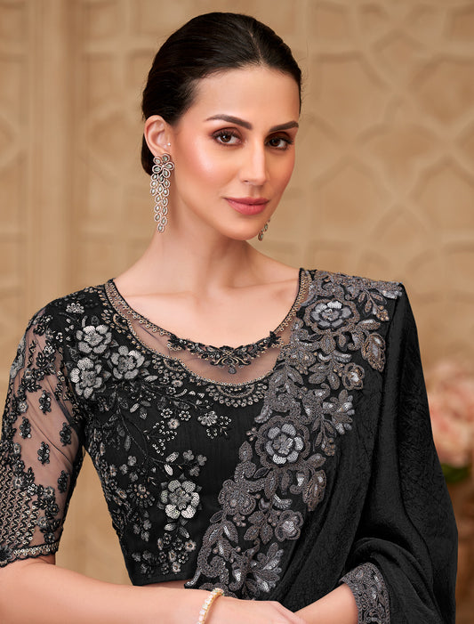 Stunning Jet Black Metal Satin Crush Georgette Party Wear Saree