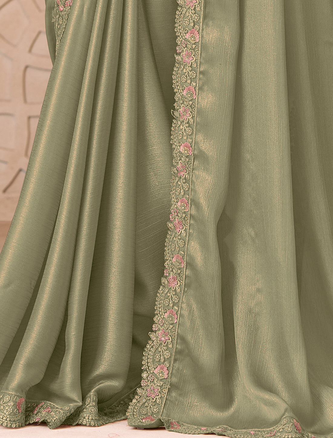 Olive Green Gold Shimmer Satin Party Wear Georgette Designer Saree
