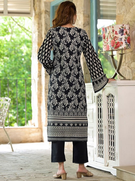Ethnic Black Cotton Straight Fit Knee Long Kurta Set for Women