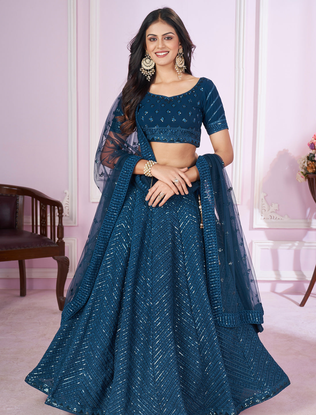 Blue Desginer Wedding Lehenga Choli Set with Zari Embroidery