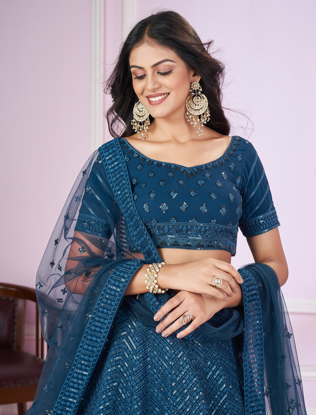 Blue Desginer Wedding Lehenga Choli Set with Zari Embroidery