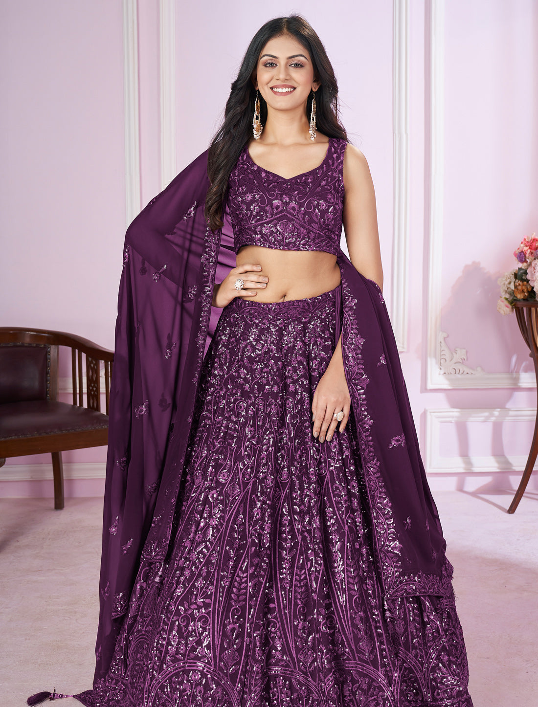 Purple Designer Ethnic Lehenga Choli with Zari Embroidery
