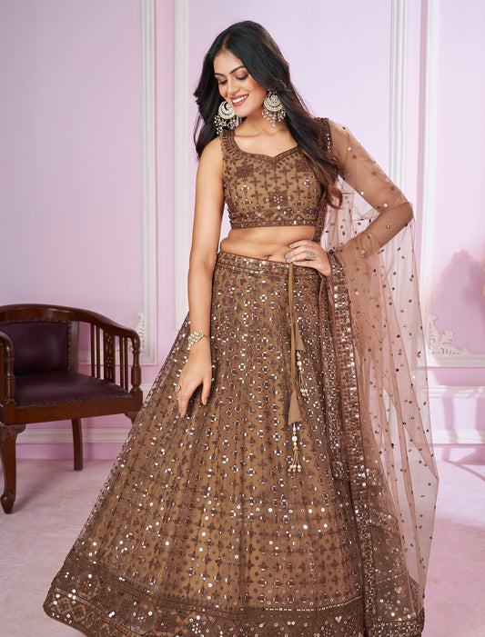 Brown Ethnic Designer Wedding Lehenga Choli Set with Zari Enbroidery