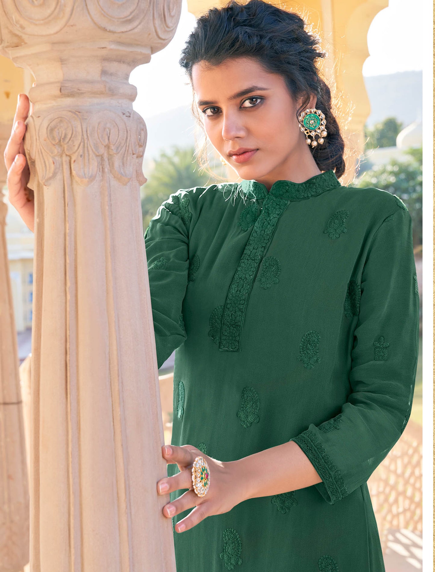 Bottle Green Heavy Fox Georgette Kurti with Pant Kurti Set For Women