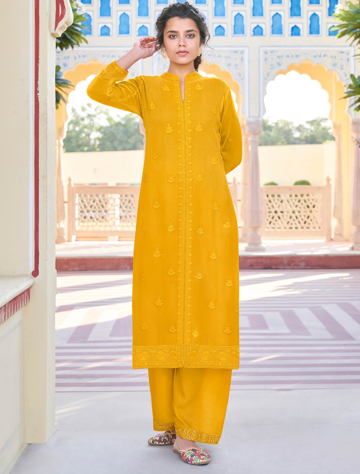 Yellow Heavy Fox Georgette Kurti with Pant Kurti Set For Women