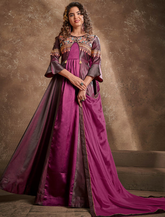 Heliotrope Triva Silk Ethnic Gown Embellished With Heavy Embroidery for Women