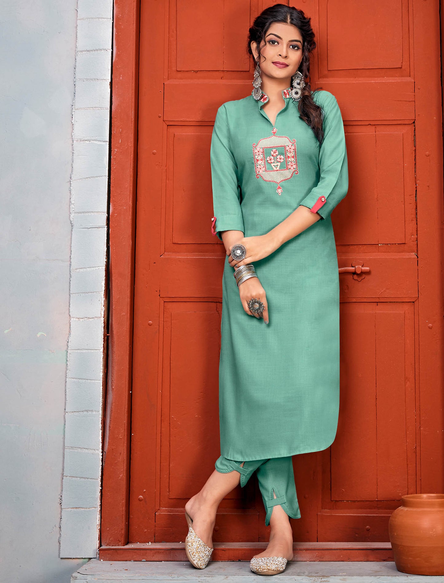 Green Rayon Kurti Set With Heavy Embroidery Work For Women