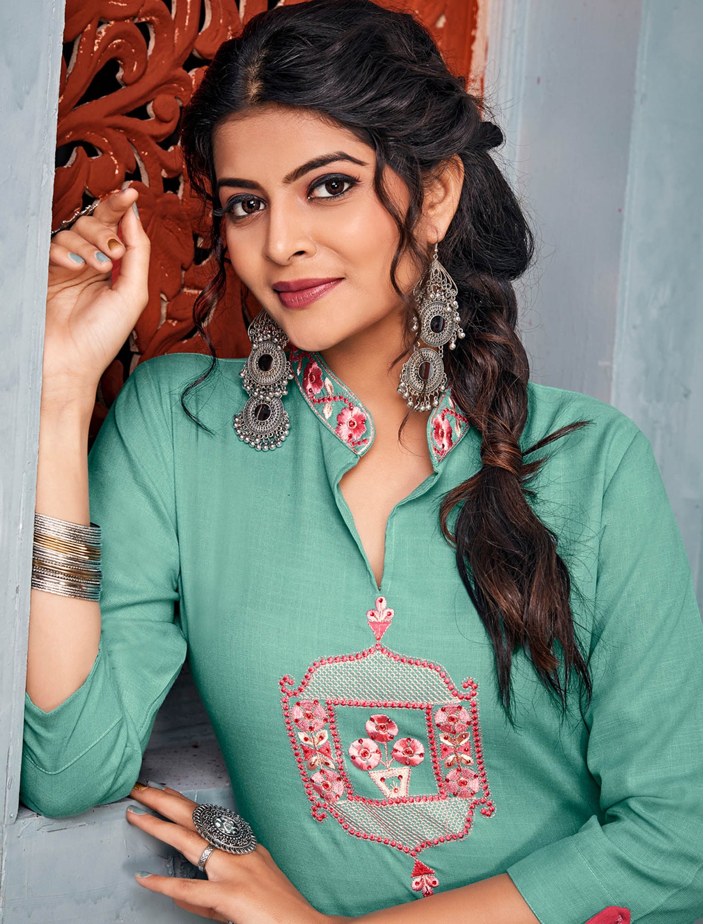 Green Rayon Kurti Set With Heavy Embroidery Work For Women