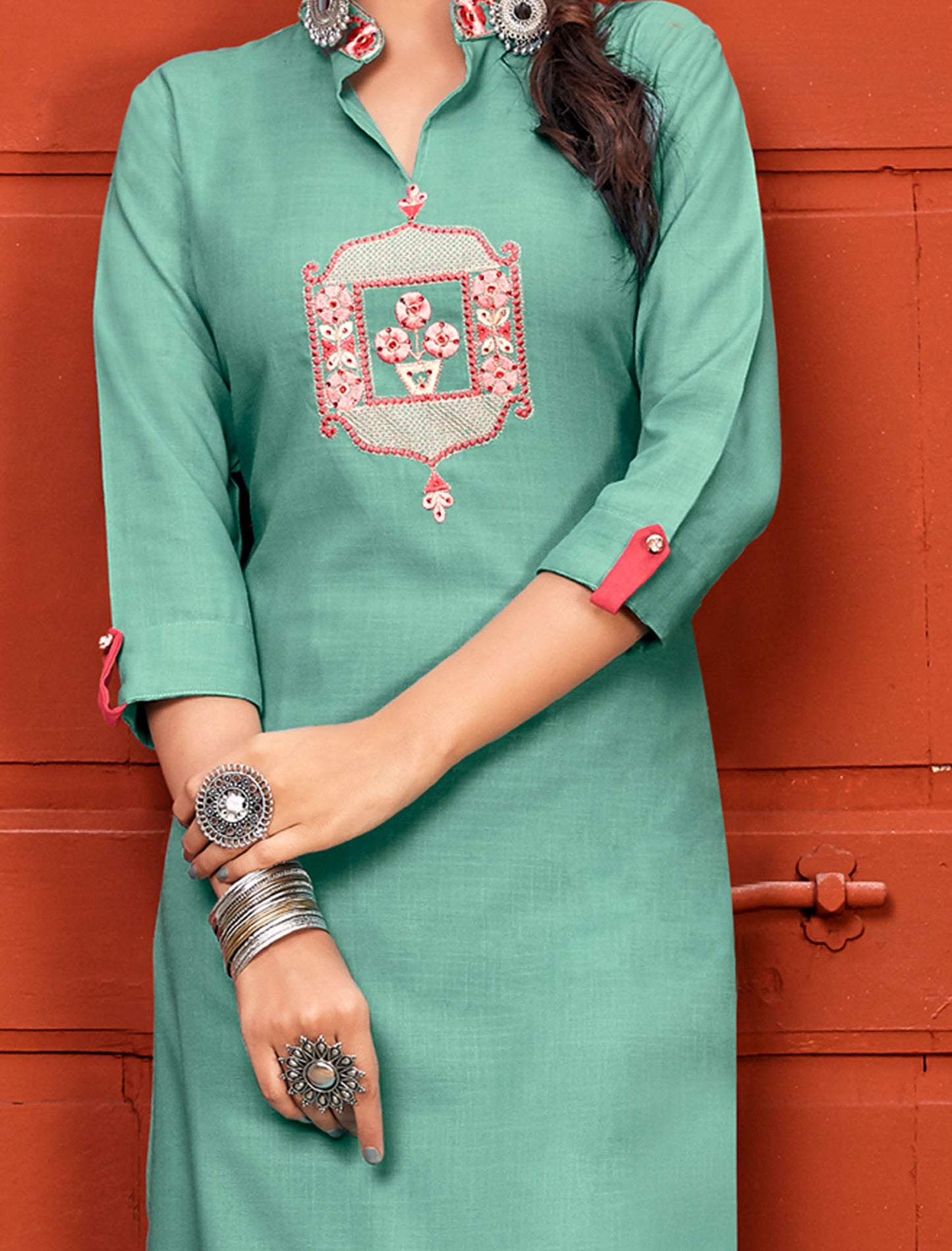 Green Rayon Kurti Set With Heavy Embroidery Work For Women