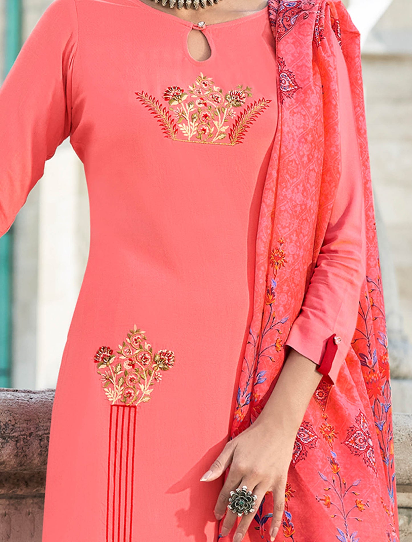 Peach Heavy Rayon Kurti with Bottom and Dupatta Kurti Set For Women