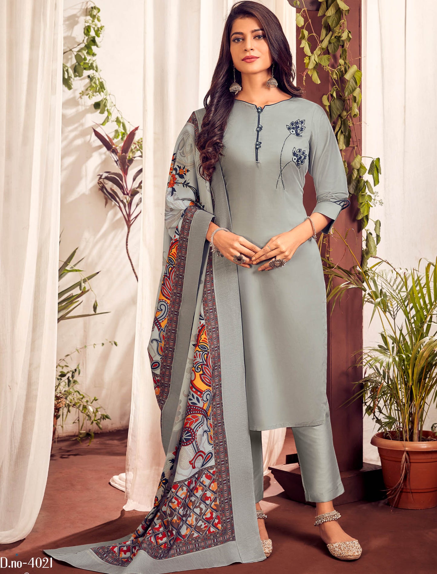 Grey Heavy Jam Cotton Top with Bottom and Dupatta Kurti Set For Women