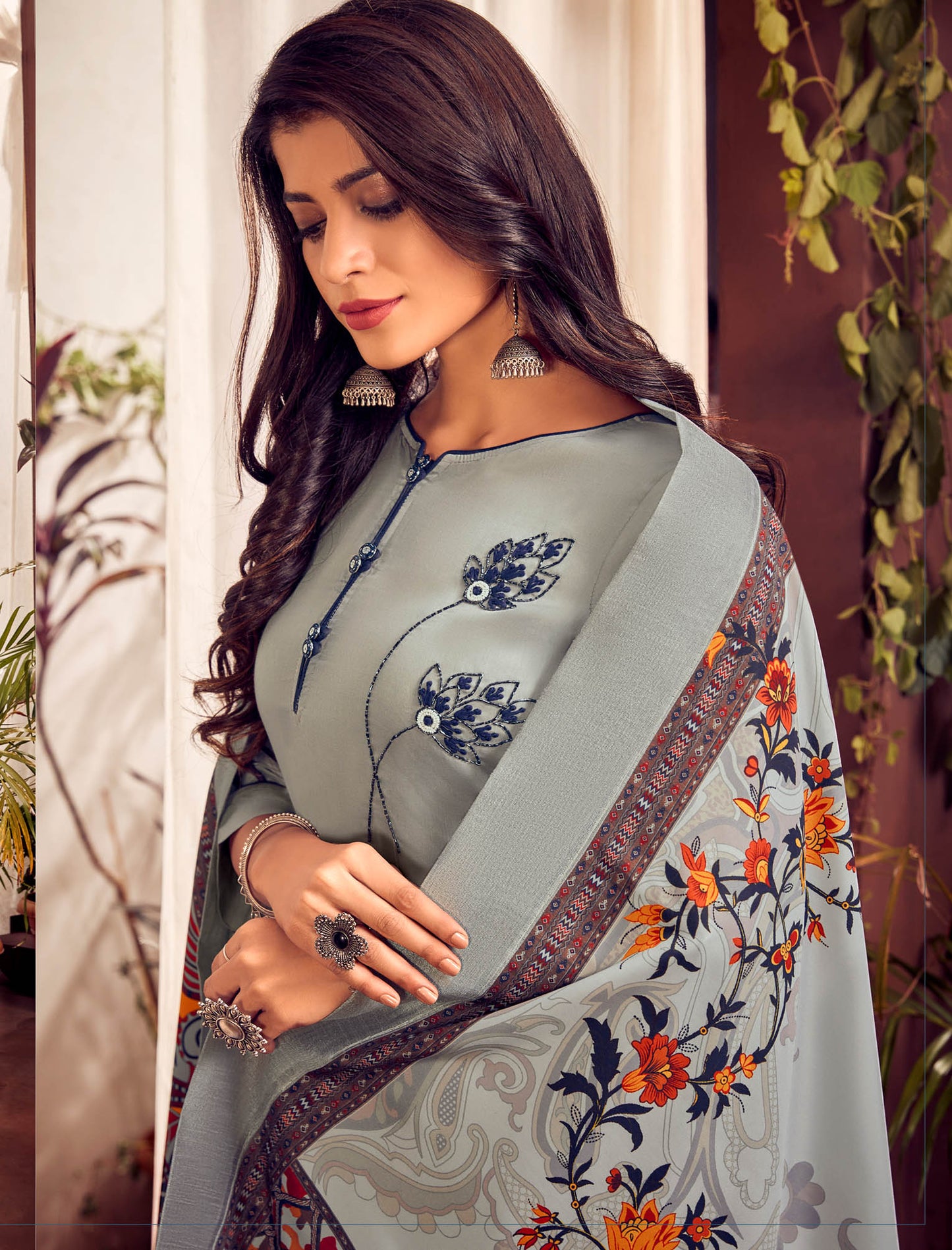Grey Heavy Jam Cotton Top with Bottom and Dupatta Kurti Set For Women