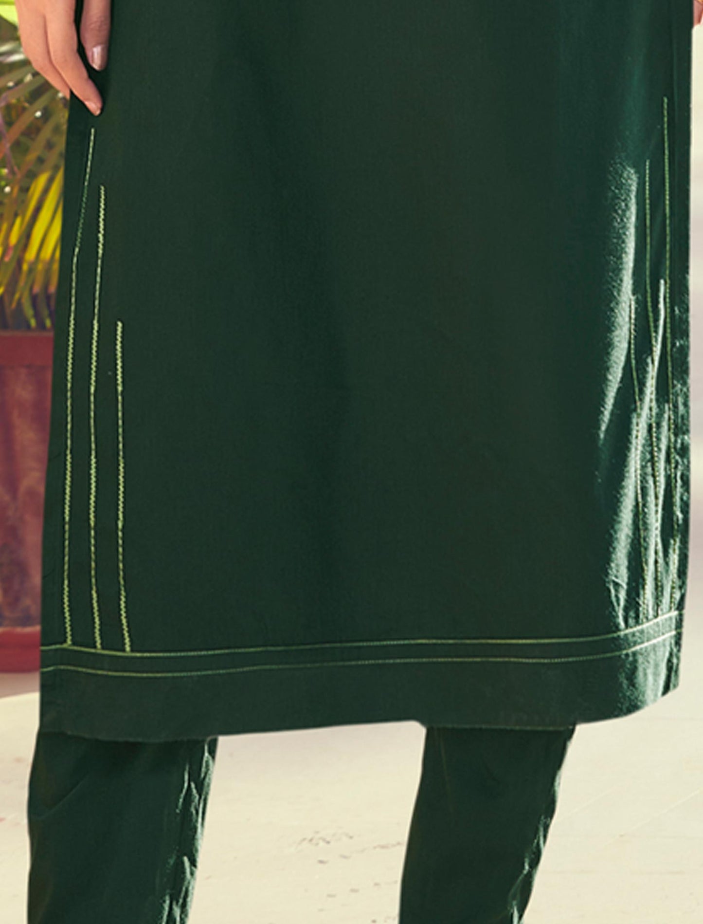 Bottle Green Roman Silk Kurti with Pant and Inner Stitched Kurti Set For Women