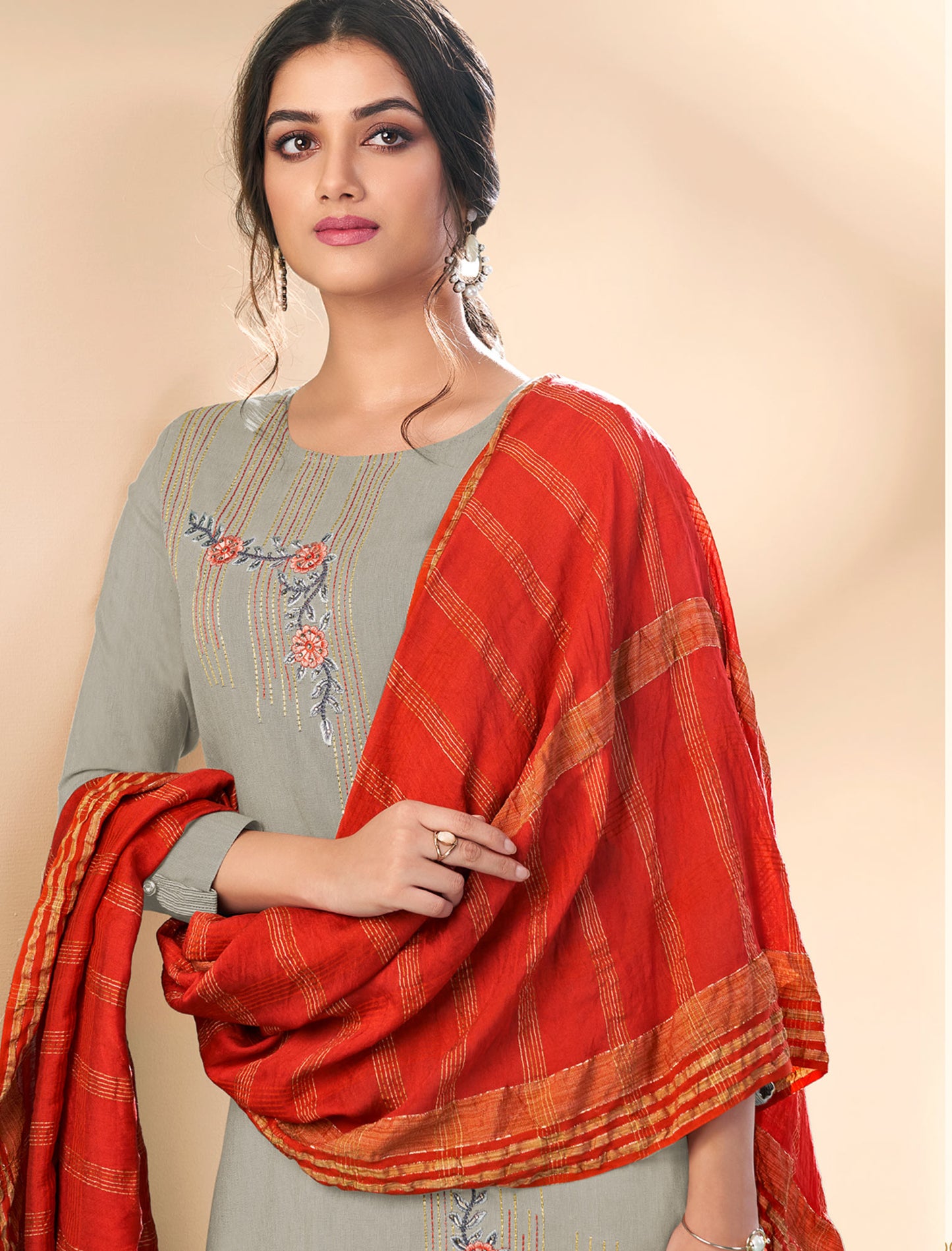 Light Grey Masert Cotton Top Lining Cotton Pant and Banarasi Viscose Dupatta For Women