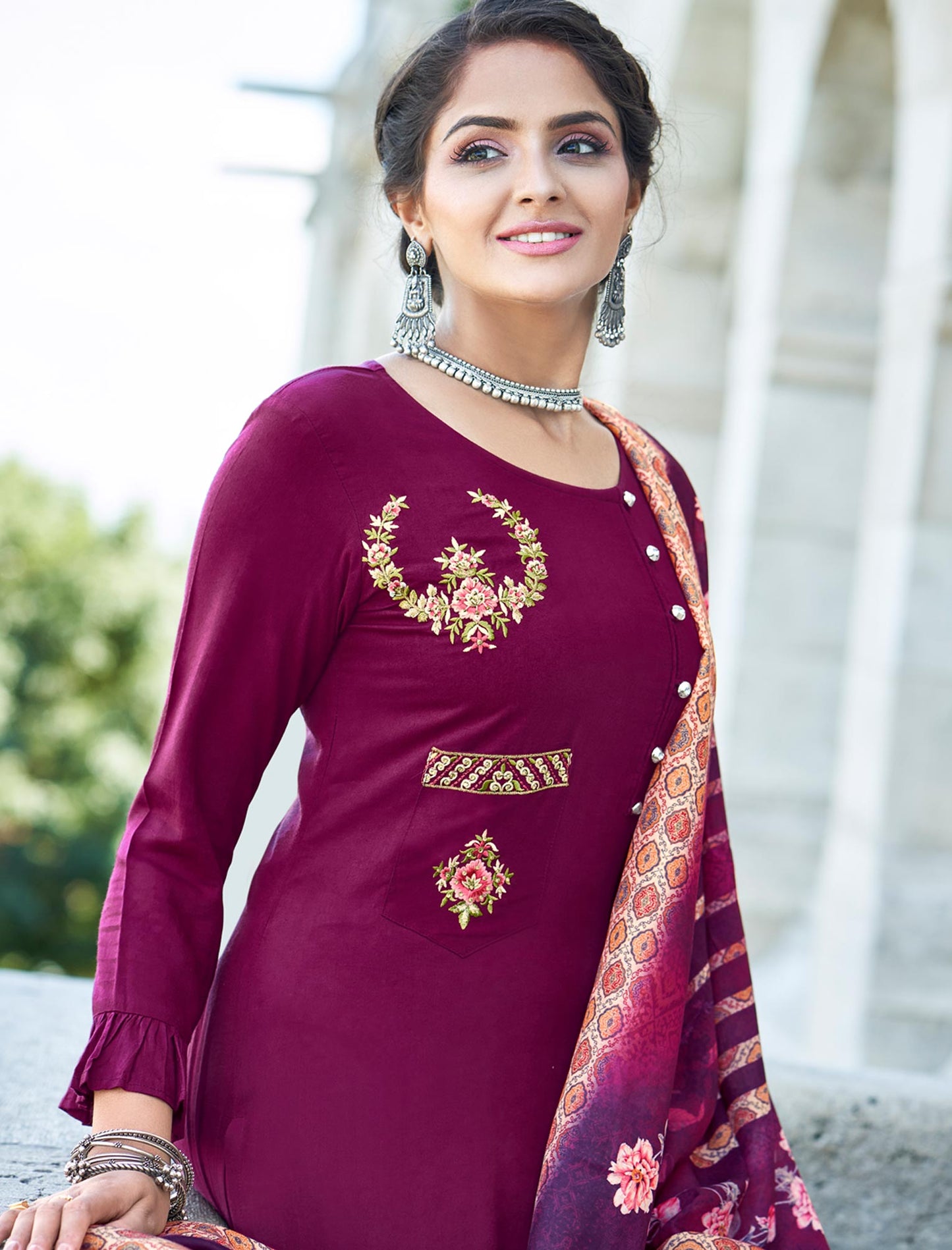Jam Violet Heavy Rayon Kurti with Matching Bottom and Dupatta For Women