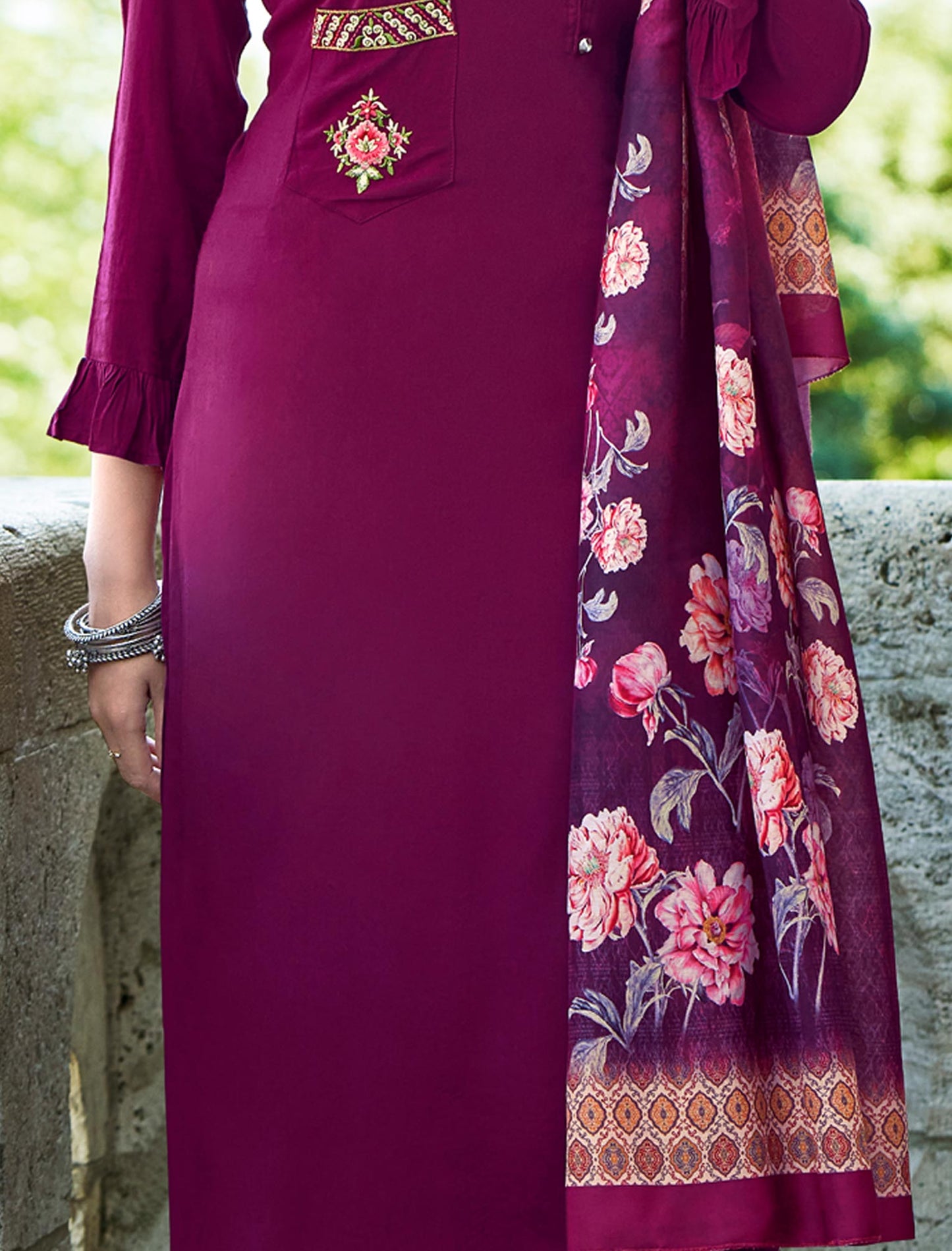 Jam Violet Heavy Rayon Kurti with Matching Bottom and Dupatta For Women