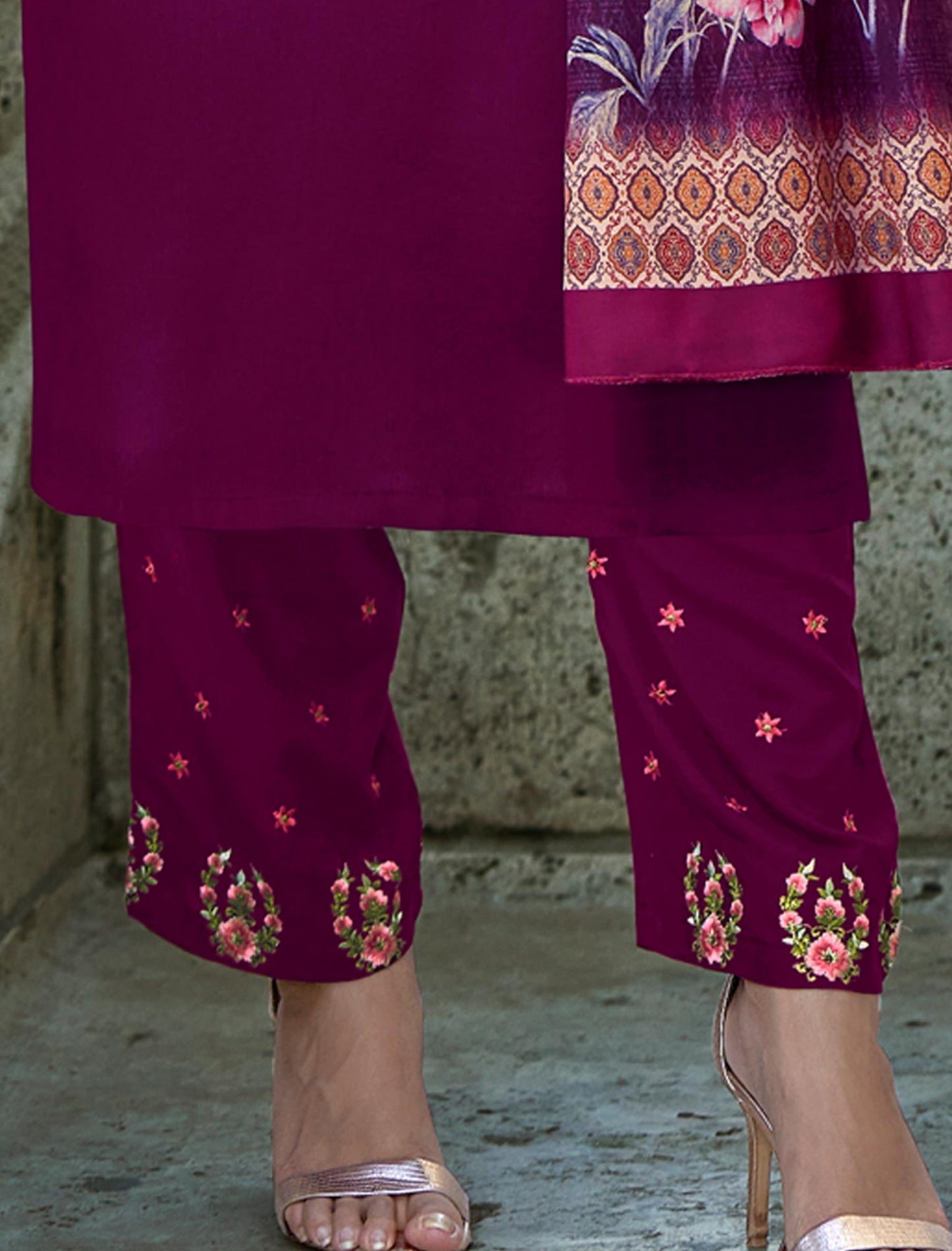Jam Violet Heavy Rayon Kurti with Matching Bottom and Dupatta For Women