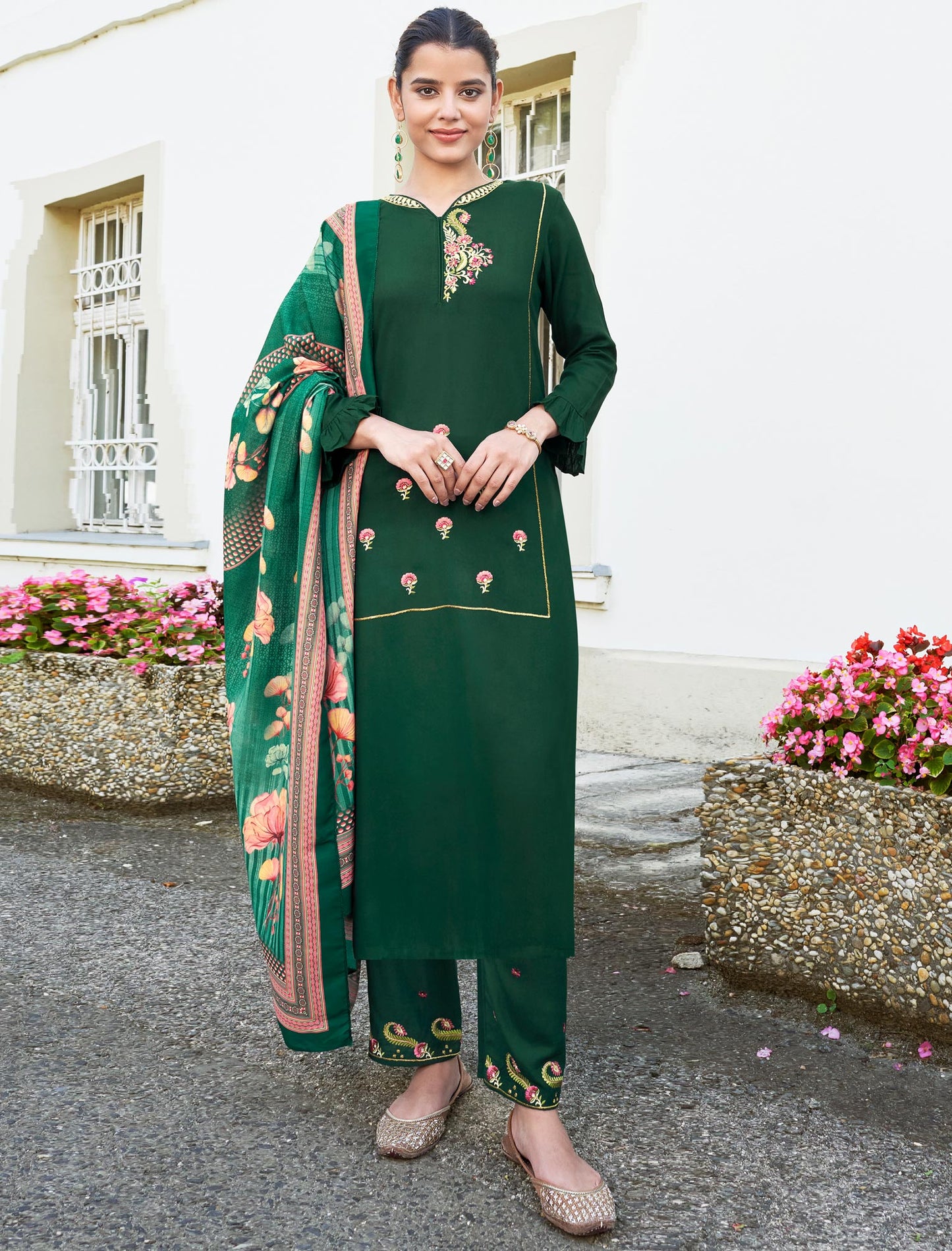 Dark Green Heavy Rayon Kurti with Matching Bottom and Dupatta For Women