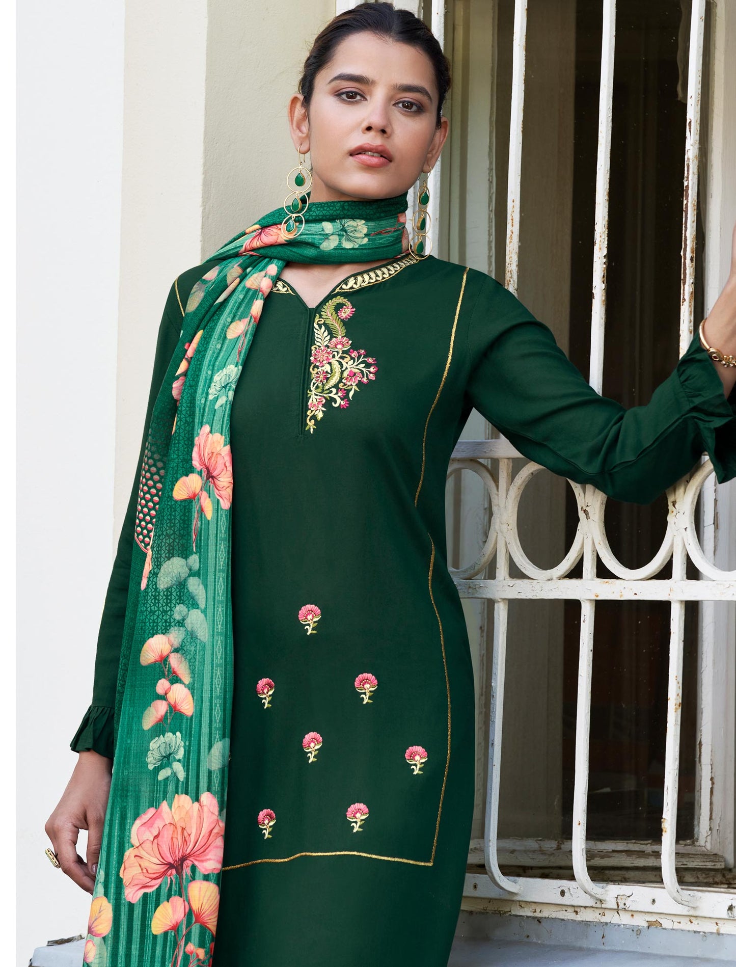 Dark Green Heavy Rayon Kurti with Matching Bottom and Dupatta For Women
