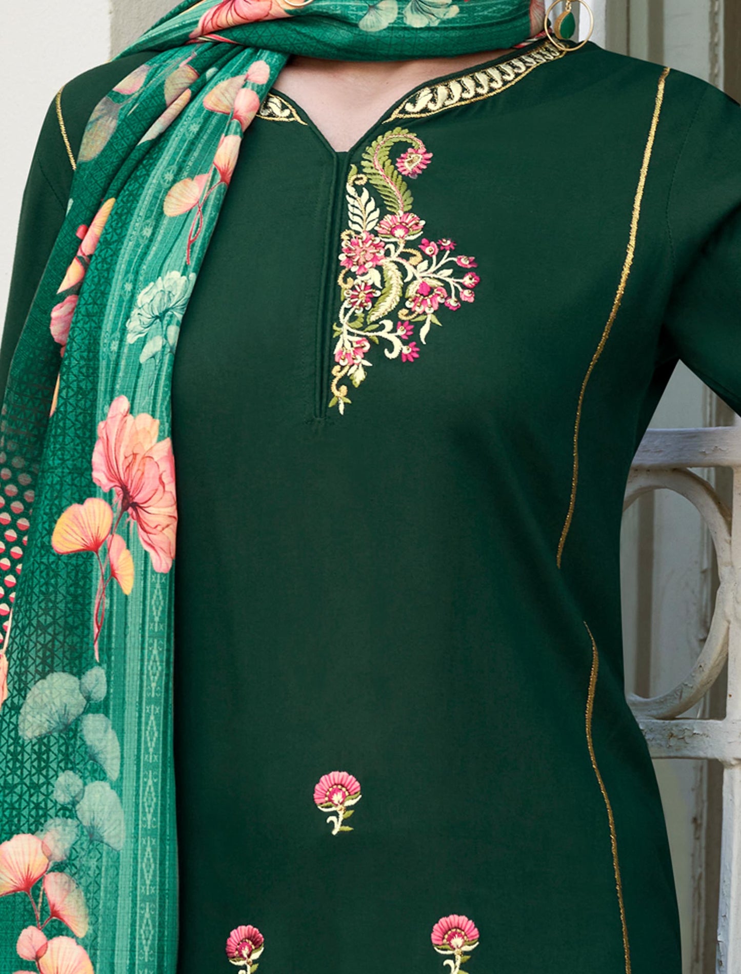 Dark Green Heavy Rayon Kurti with Matching Bottom and Dupatta For Women